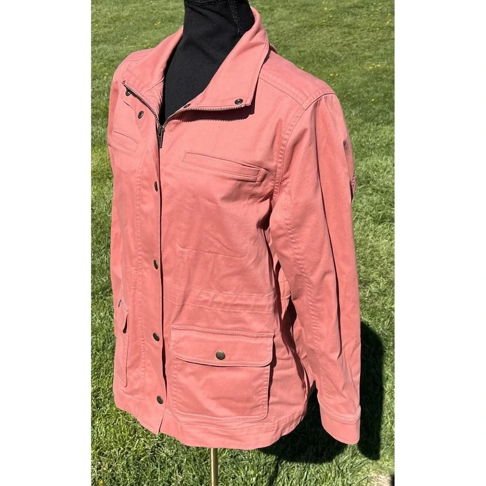 L.L.Bean Jacket Womens Petite Medium Pink‎ Cotton Twill Full Zip Utility Pockets